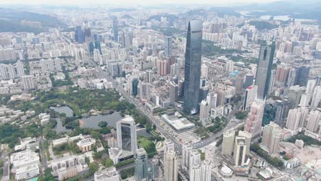 Aerial-view-over-Shenzhen-cityscape-with-massive-urban-development-and-skyscrapers