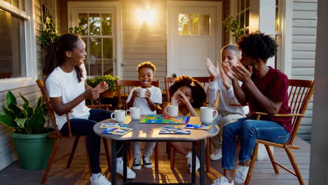 family enjoying a board game on the porch at sunset