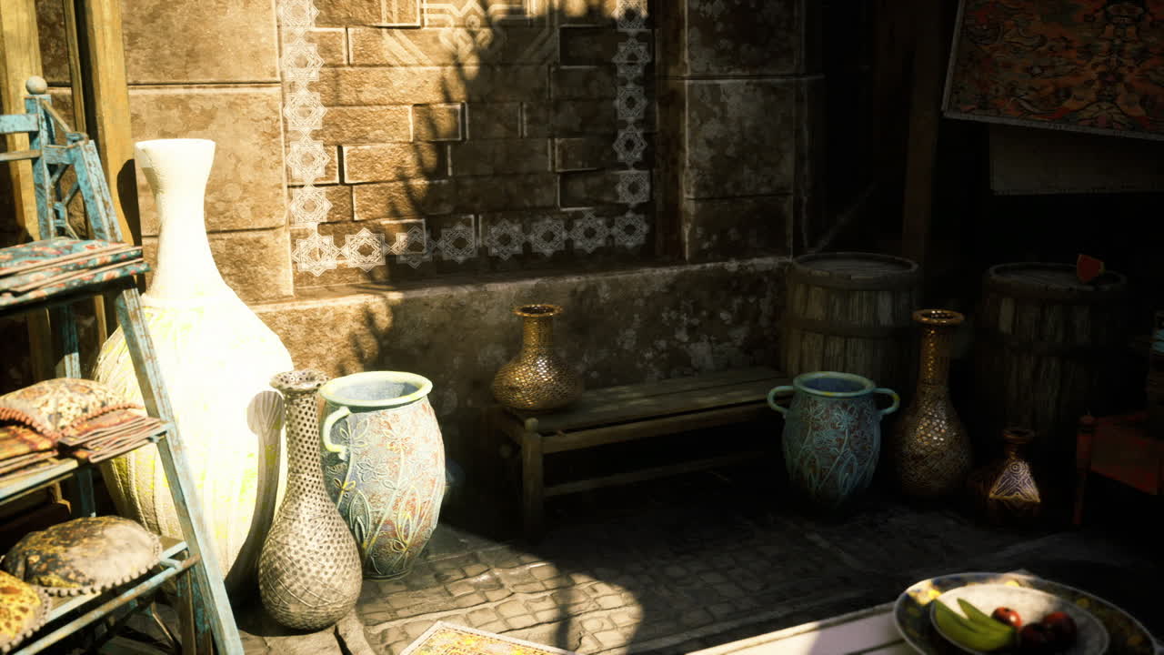 Scena di mercato in stile vintage che espone ceramiche artigianali e luce calda