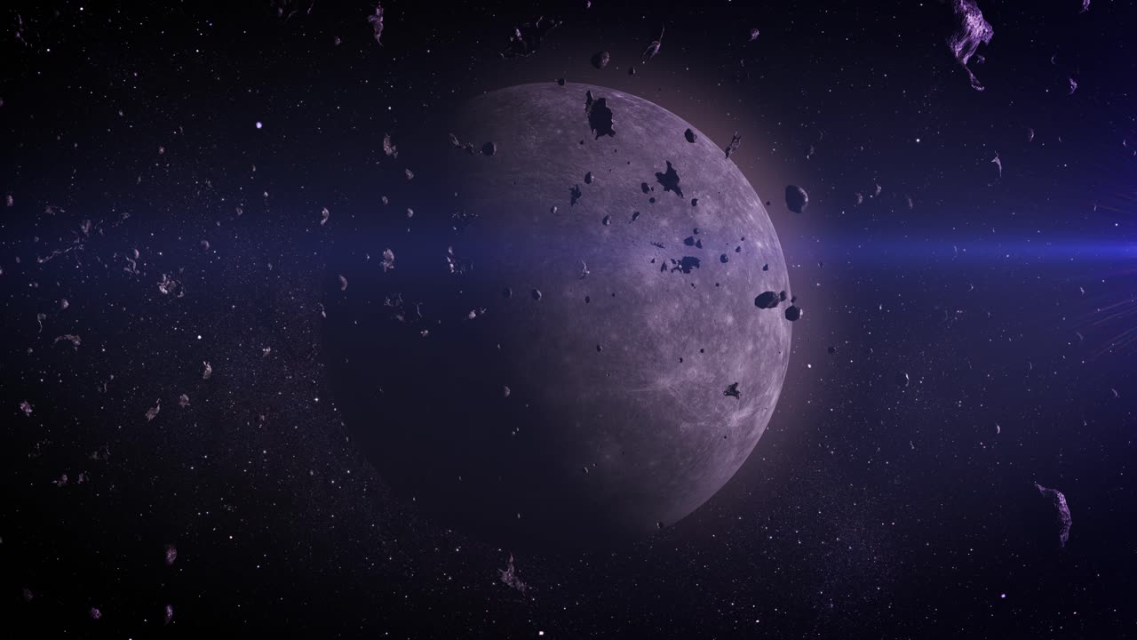 поле астероидов вокруг планеты в космосе