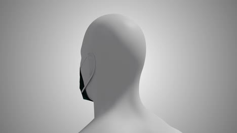 animation of a 3d human body model wearing a face mask on white background.