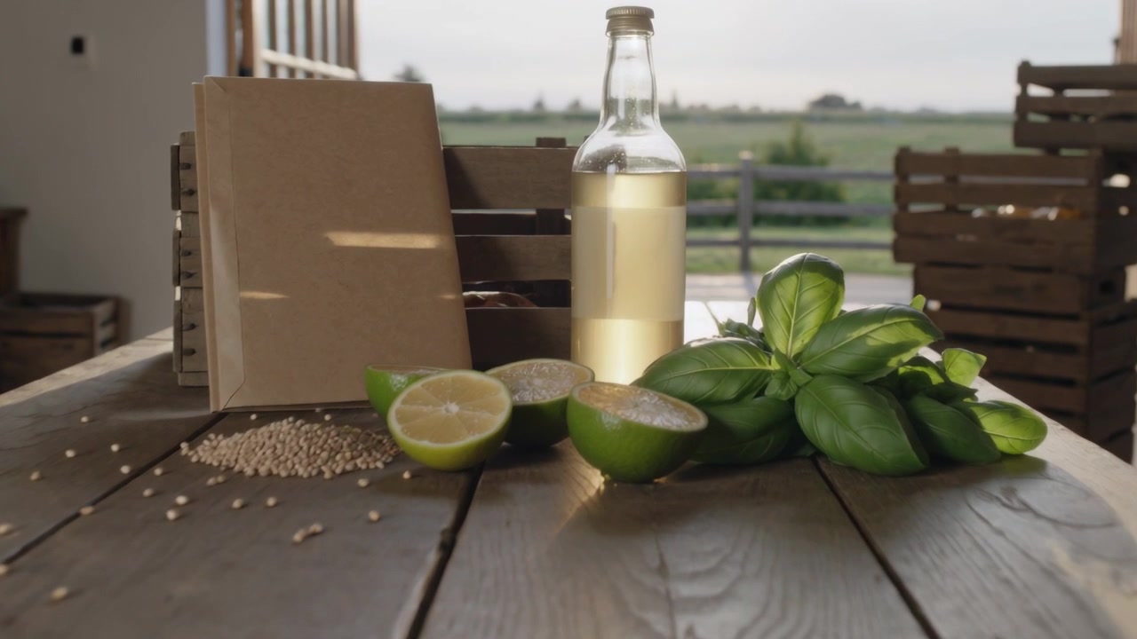 Camera pulling in, arrangement coming into focus to show glass bottle, limes and basil on porch