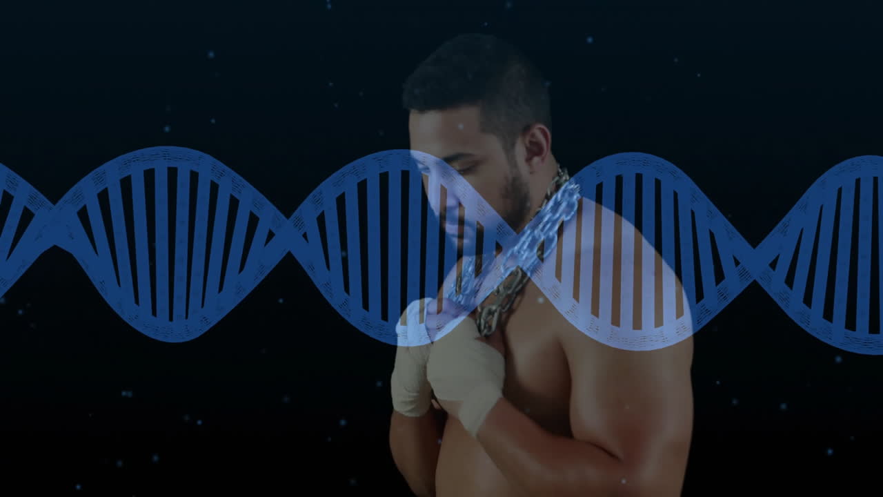 man standing in dark space studio, showcasing DNA technology overlay with bandaged hands and chain