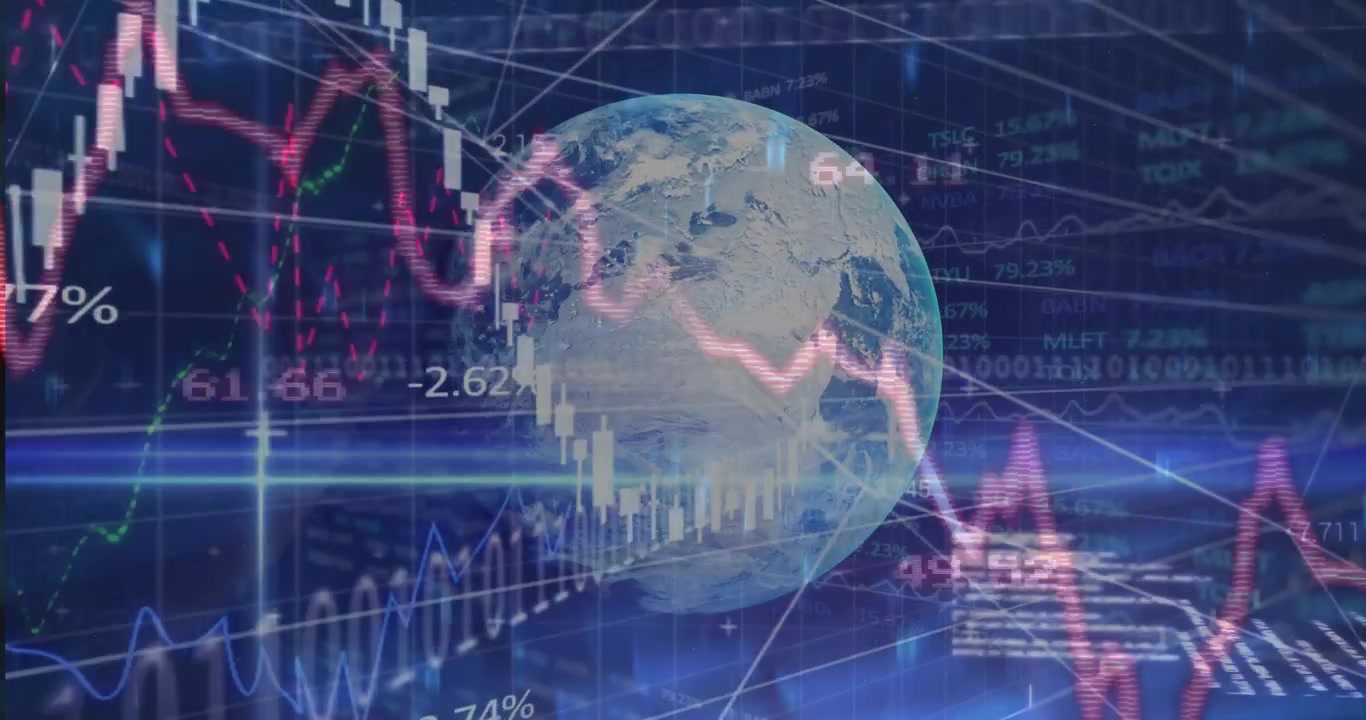 Ticaret merkezinde dönen 3D kürede başlayan veri akışı, yükselen kırmızı çizgi ve mumlarla toparlanmayı gösteriyor.