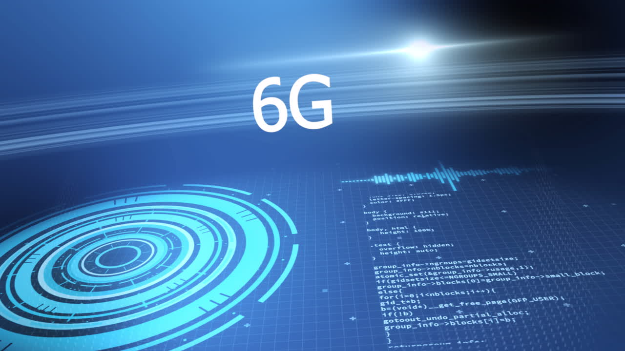animación de texto de 6g con escaneo de alcance y procesamiento de datos sobre cuadrícula sobre fondo azul