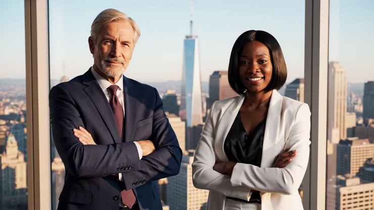 Professionisti aziendali di diversa provenienza in un ufficio in un grattacielo