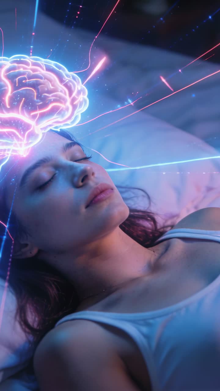 Donna sdraiata a letto con un ologramma di cervello che si forma sulla fronte, emettendo raggi che mostrano attività neurale per la salute.