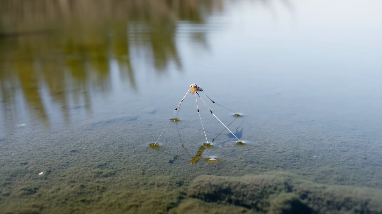 Macro Water Strider On Pond Surface, Calm Reflective Water With Lily Pads And Mossy Bottom, Slender Legs