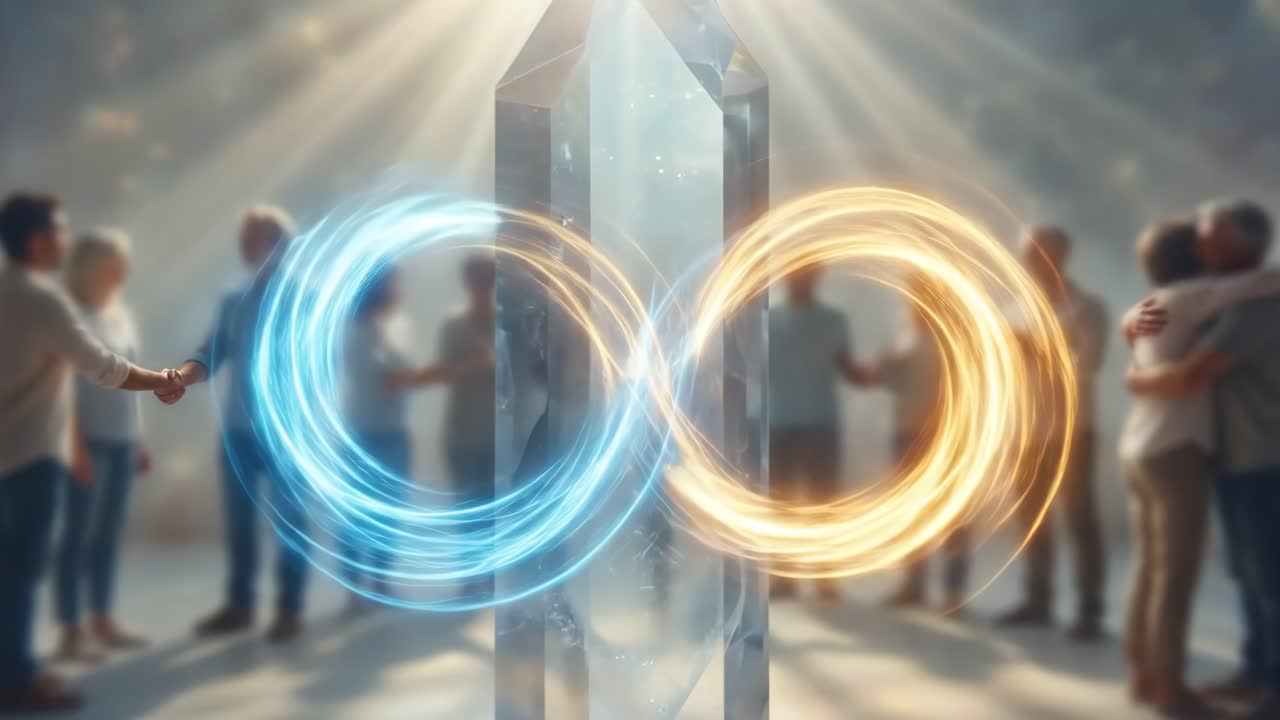 People Connect Around Crystal with Glowing Infinity Symbols