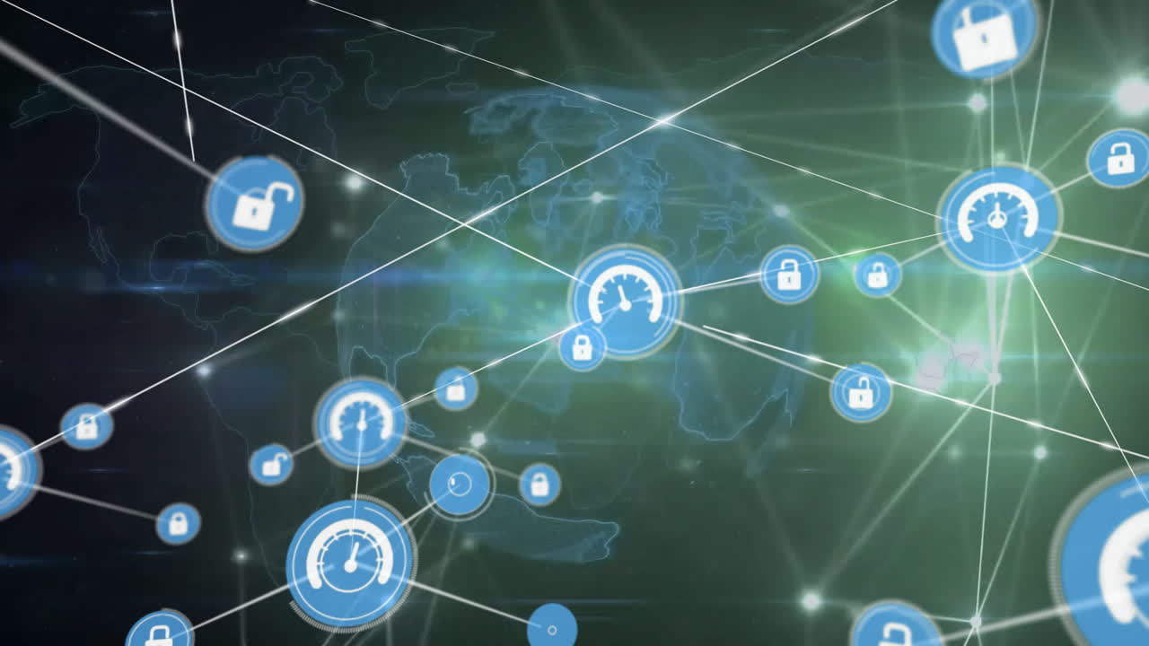 Animation of network of connections with icons and data processing over globe
