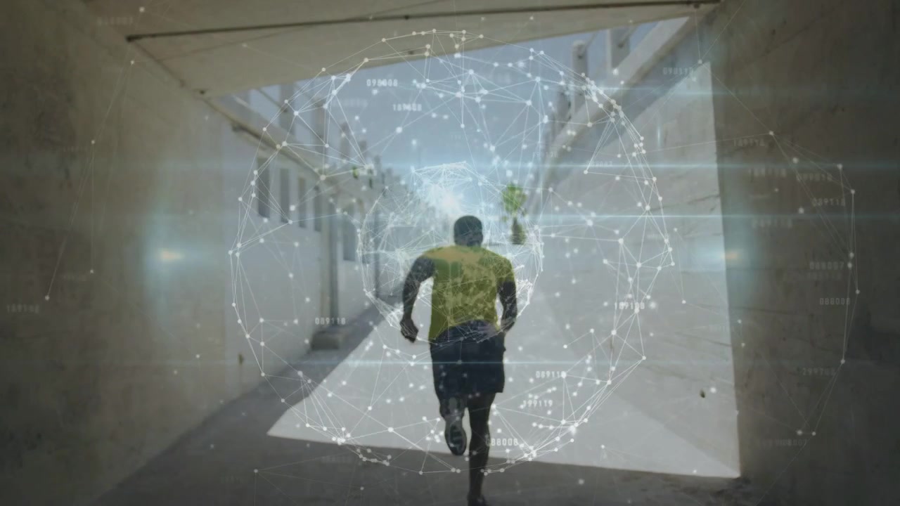 Corredor com prótese de lâmina avistando a saída e correndo em direção à luz do sol, com sobreposição de tecnologia esportiva permanecendo centralizada.