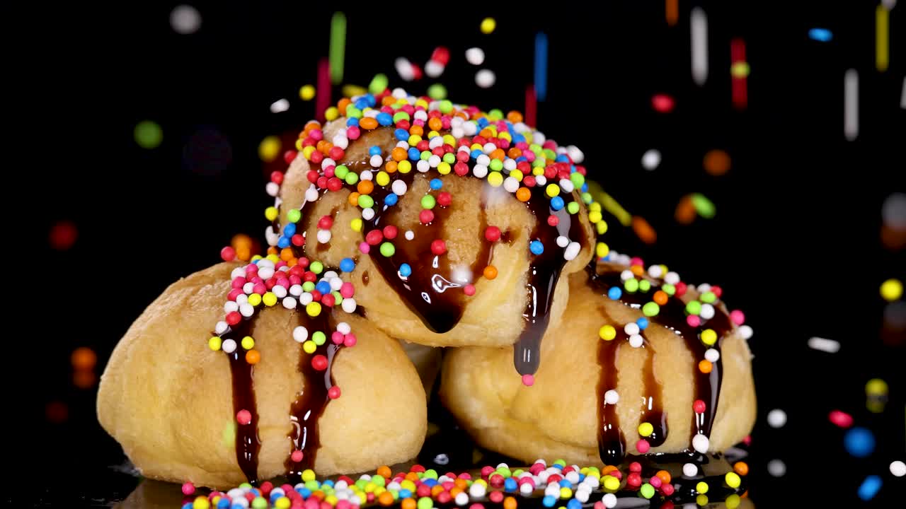 A stack of cream puffs with chocolate sauce is gradually covered in colorful rainbow sprinkles against a black background, under bright studio lighting, with a static camera