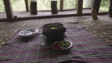 serve local persian iranian food stew steamed rice cuisine delicious gourmet cooking method gastronomy in a wooden cabin hut local house cottage terrace balcony in hyrcanian forest mountain in iran