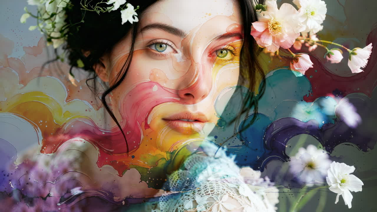 Woman's Portrait with Vibrant Watercolor and Floral Overlay