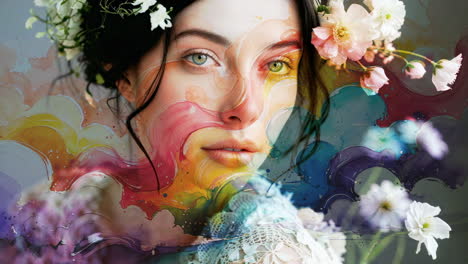 woman's portrait with vibrant watercolor and floral overlay