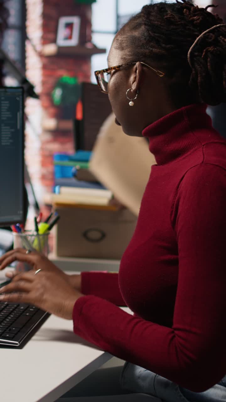 Vertical video Startup worker using AI LLM chatbot to get help with coding tasks