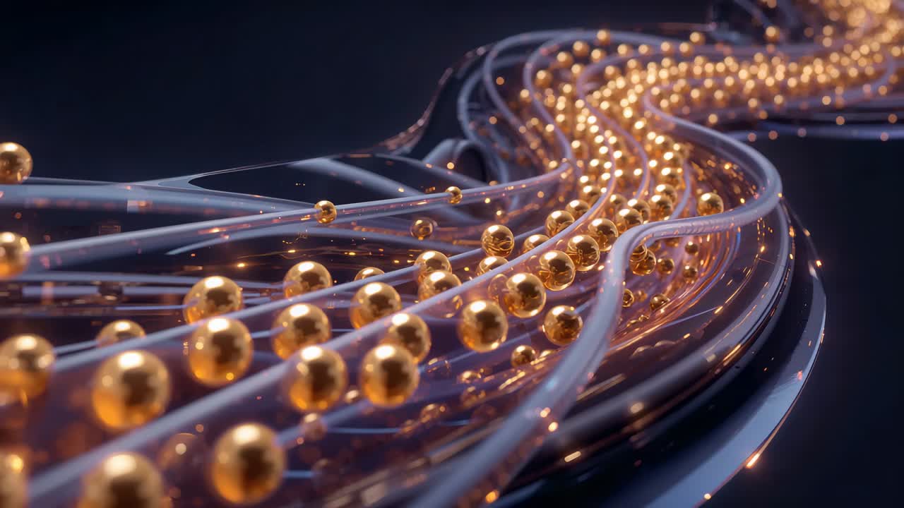 Streaming ribbon appearing upper right, carrying gold beads along clear tubes, creating glints