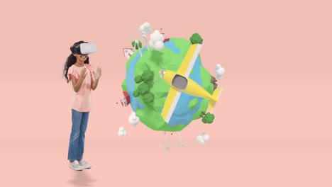 girl using virtual reality headset with digitally generated travel icons 4k