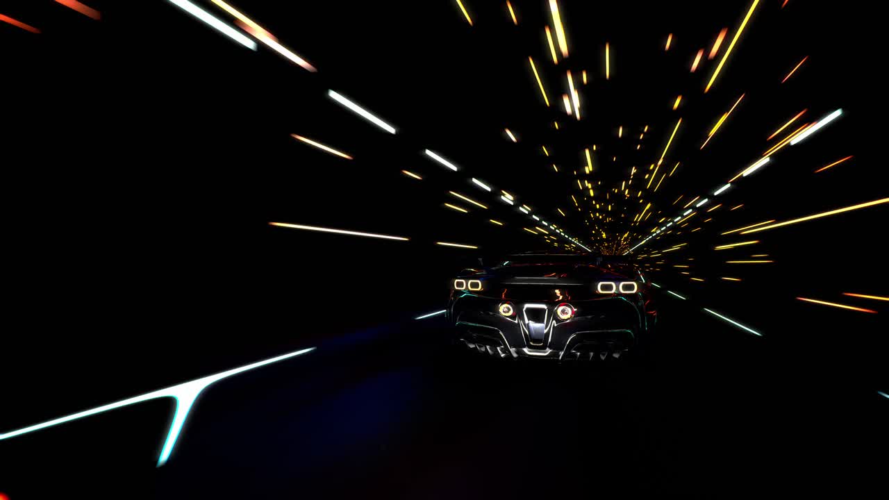 3D Speeding Sports Car On Neon. Powerful Acceleration Of A Supercar On A Night Track With Colorful Lights And Trails. 3D Animation