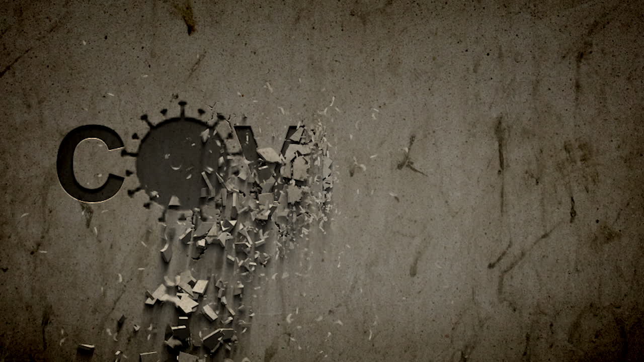 una pared desmoronada que revela la animación de palabras de covid coronavirus