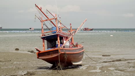 an establishing shot of a moored beached squid fishing boat during low tide in thailand