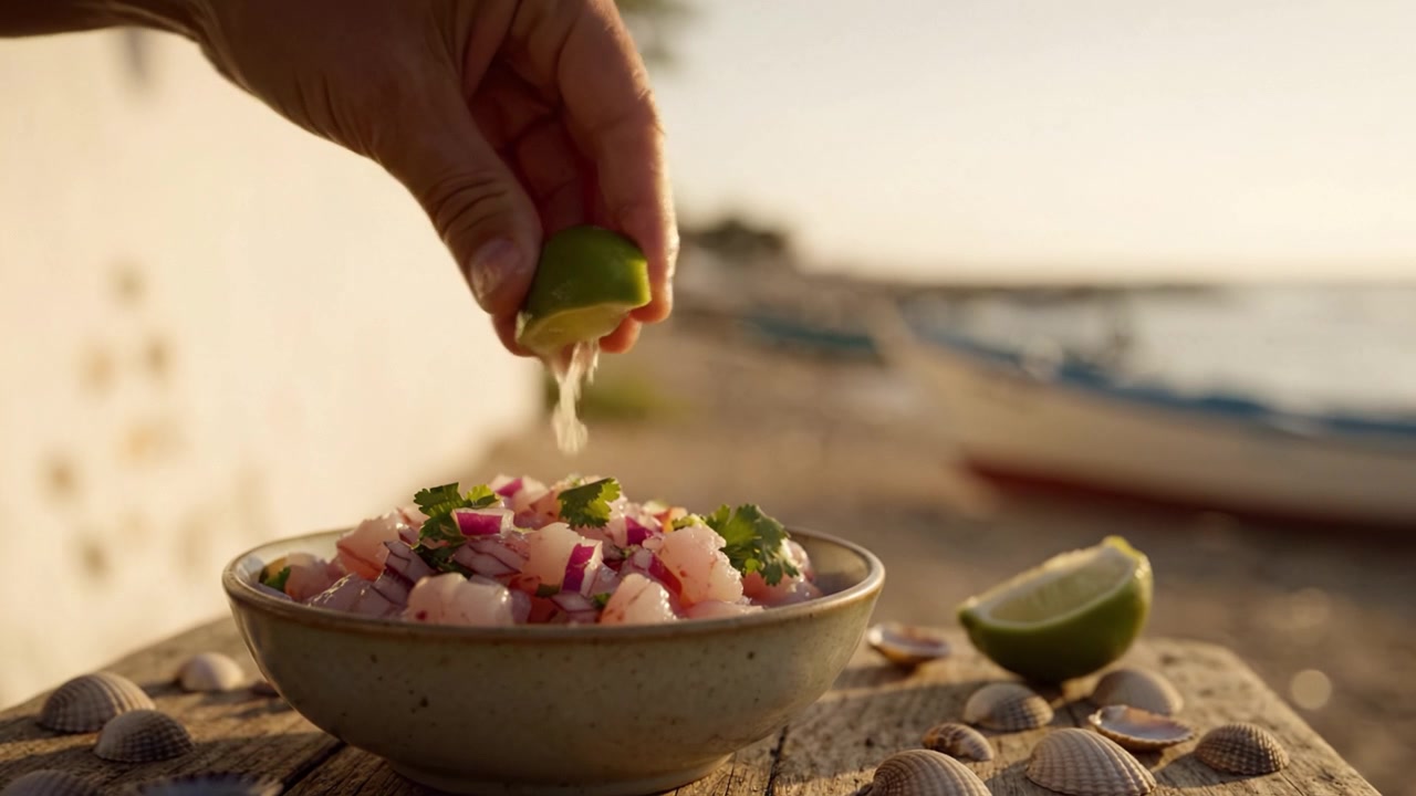 Un vibrante tazón de ceviche recién preparado, adornado con ingredientes coloridos y acompañado de lima, con el telón de fondo de una playa serena durante la hora dorada