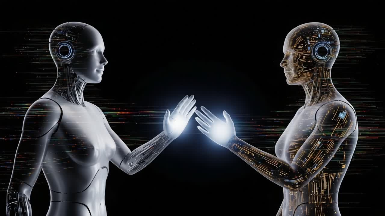 A Stunning Representation of Two Advanced Androids Interacting, Each Illuminated by Ethereal Light, Symbolizing Connection and Advanced Technology in a Futuristic World