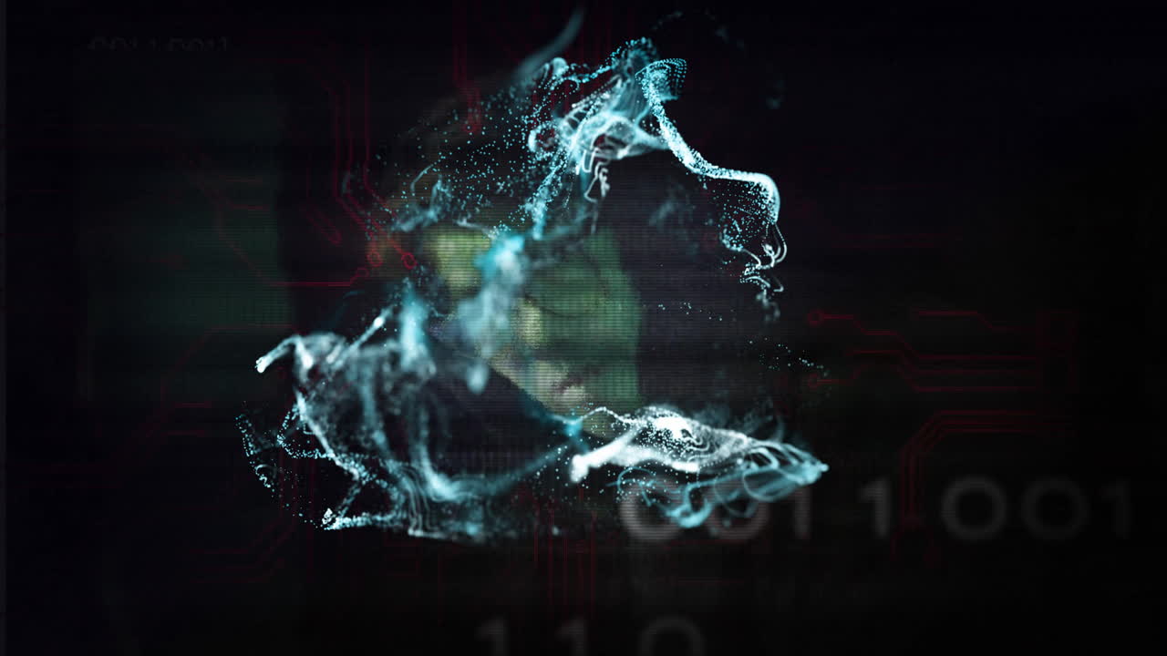 Animation of digital particles forming dynamic shape over binary code background