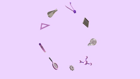 animación de iconos de artículos escolares que se mueven con espacio de copia en fondo púrpura