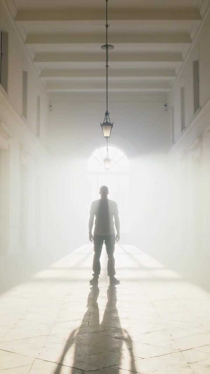 Video verticale: Uomo in piedi in maglietta e pantaloni, di fronte a una finestra ad arco in un corridoio mentre la luce di fondo aumenta