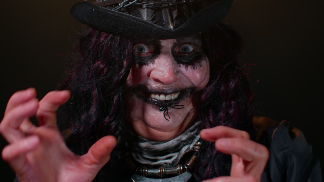 Sinister senior old mature woman in carnival costume of Halloween witch making faces trying to scare