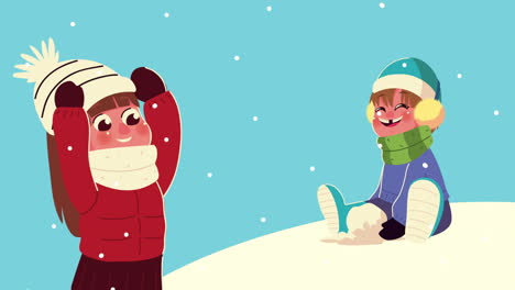 kids couple wearing winter clothes playing with snowball in the snowscape scene