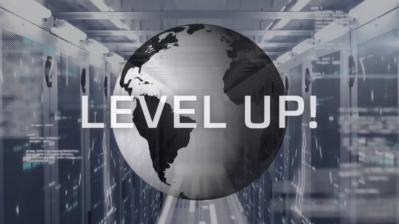 animación del texto de nivel superior sobre el globo giratorio y procesamiento de datos contra la sala de servidores de computadora