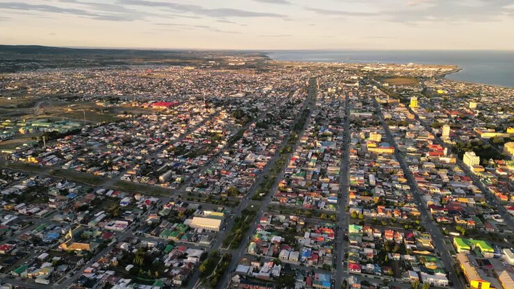 Aerial City View of Punta Arenas Chile in Summer Clear Weather Chilean Patagonia Antarctic Gateway Ocean Port and Urban Architecture