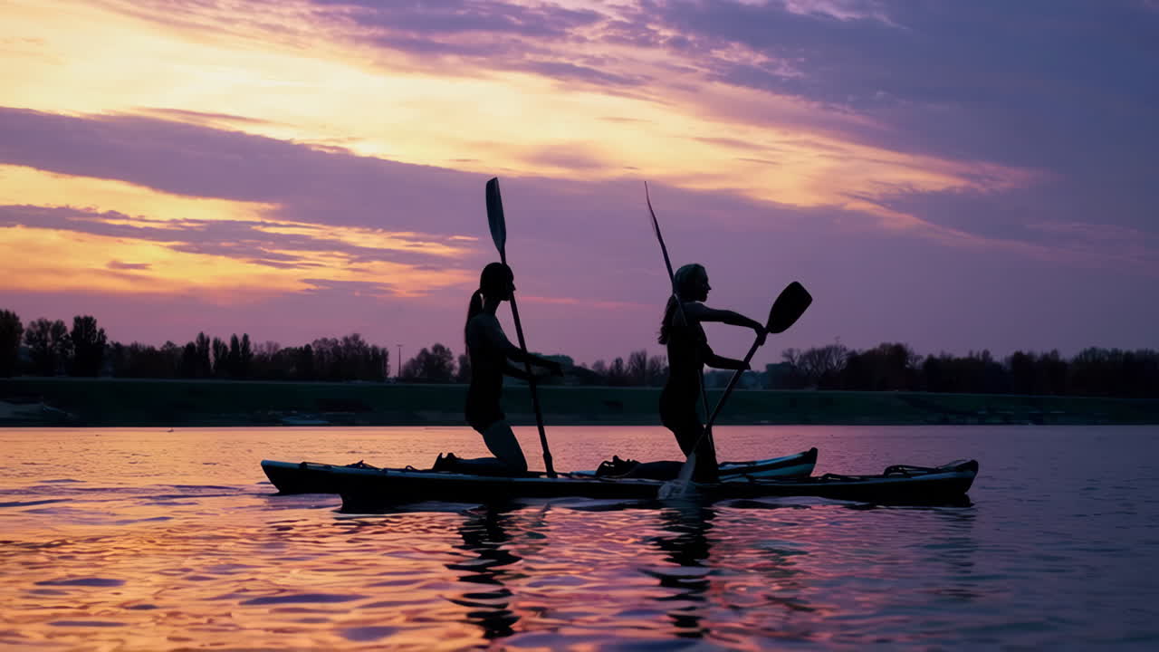 Silhouettes of People Paddleboarding at Sunset