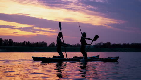 silhouettes of people paddleboarding at sunset