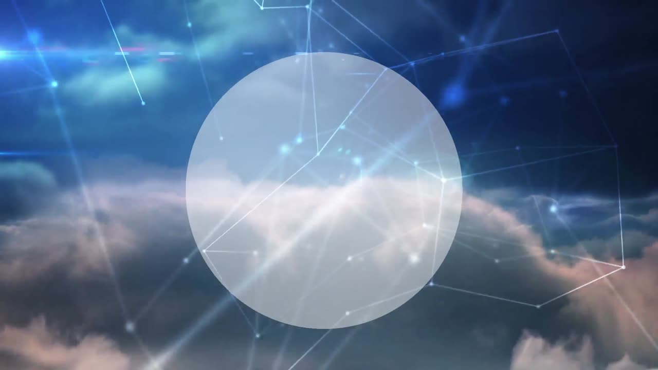 Digital animation of network of connections over round banner with copy space against clouds in sky