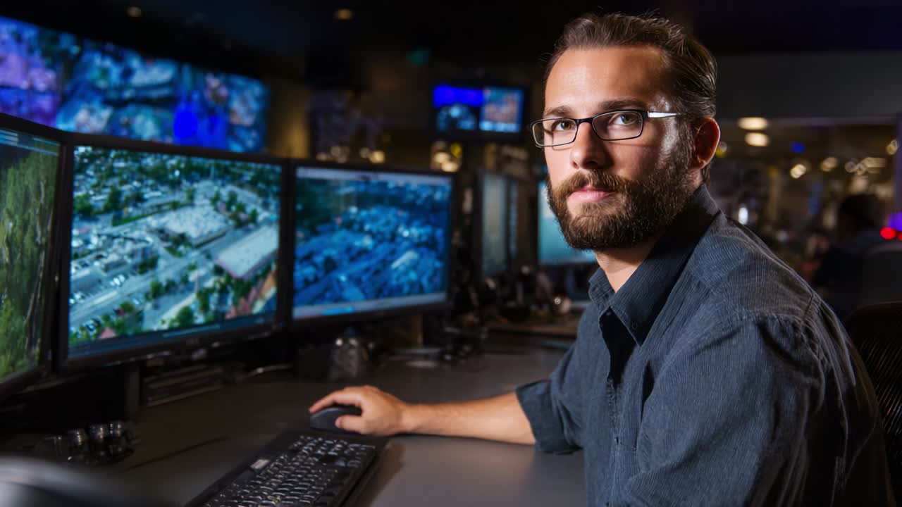 Focused Analyst at Work: A dedicated professional attentively monitors multiple screens in a high-tech control room, analyzing data for critical insights and decision-making processes to ensure operational efficiency