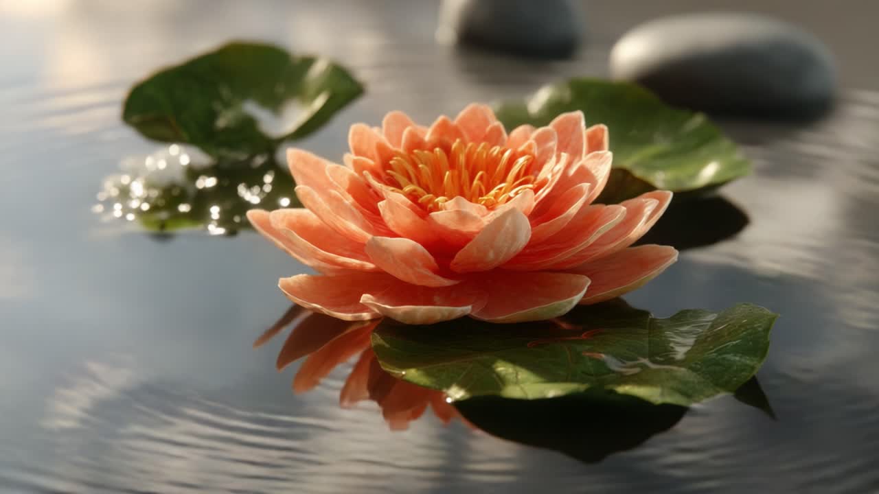 A Captivating Water Lily Flourishing in Tranquil Waters, Surrounded by Gentle Ripples and Decorative Stones, Showcasing Nature's Serenity and Beauty