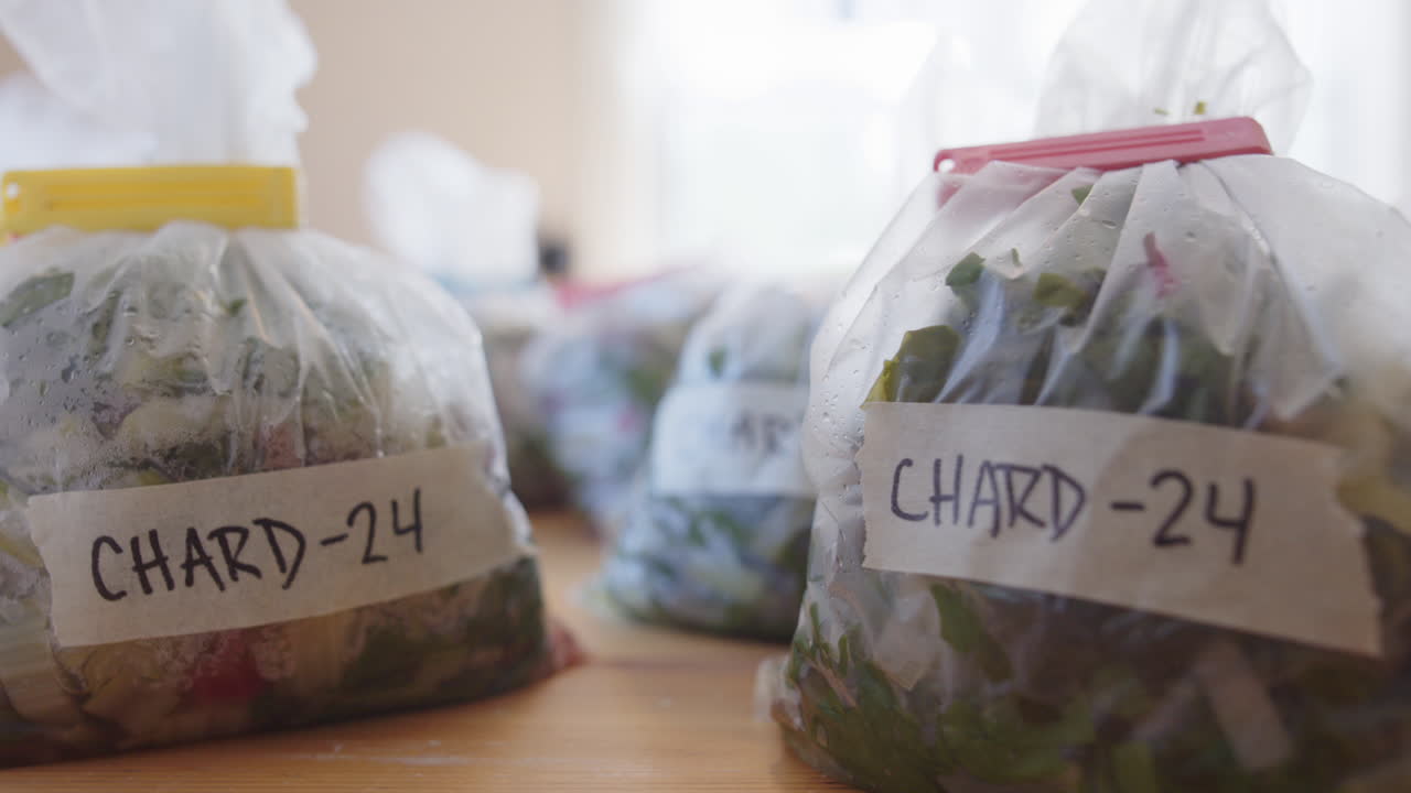 Slider shot of nutritious chard stored in labeled transparent bags