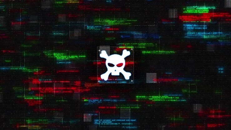White skull crossed bones dominates digital interface filled fragmented source code and scanning