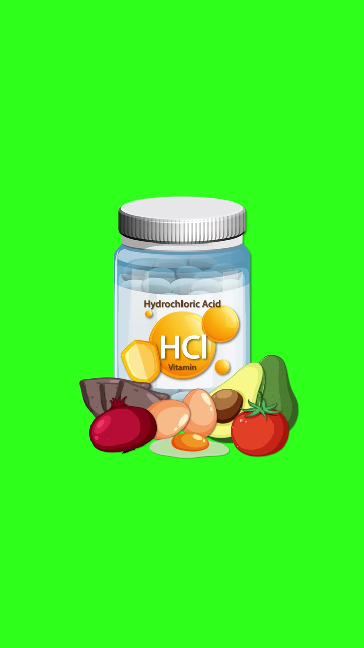 Bottiglia di vitamine con etichetta di acido cloridrico, alimenti sani appaiono intorno ad essa, su sfondo green screen