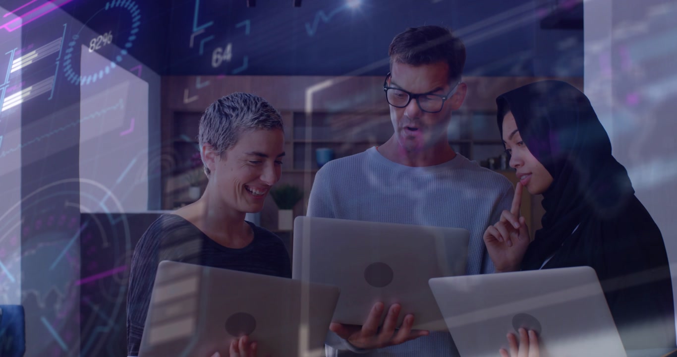 Man presenting tablet, team leaning in and pointing, analytics HUD highlighting metrics for review