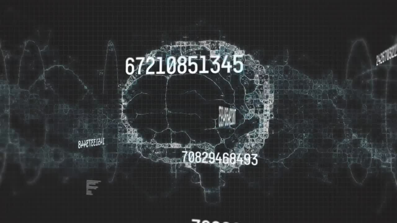 Animation of multiple changing numbers over spinning human brain icon and digital wave