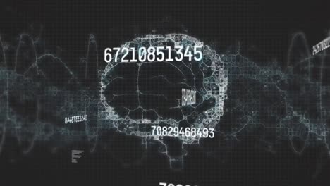 animation of multiple changing numbers over spinning human brain icon and digital wave