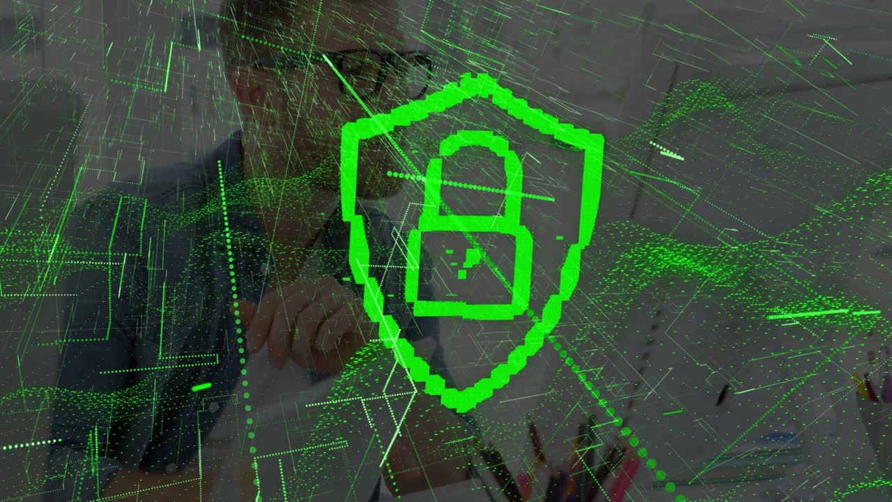 Vertical video: Man at desk touching pen, shield appearing forming padlock securing data in tech UI