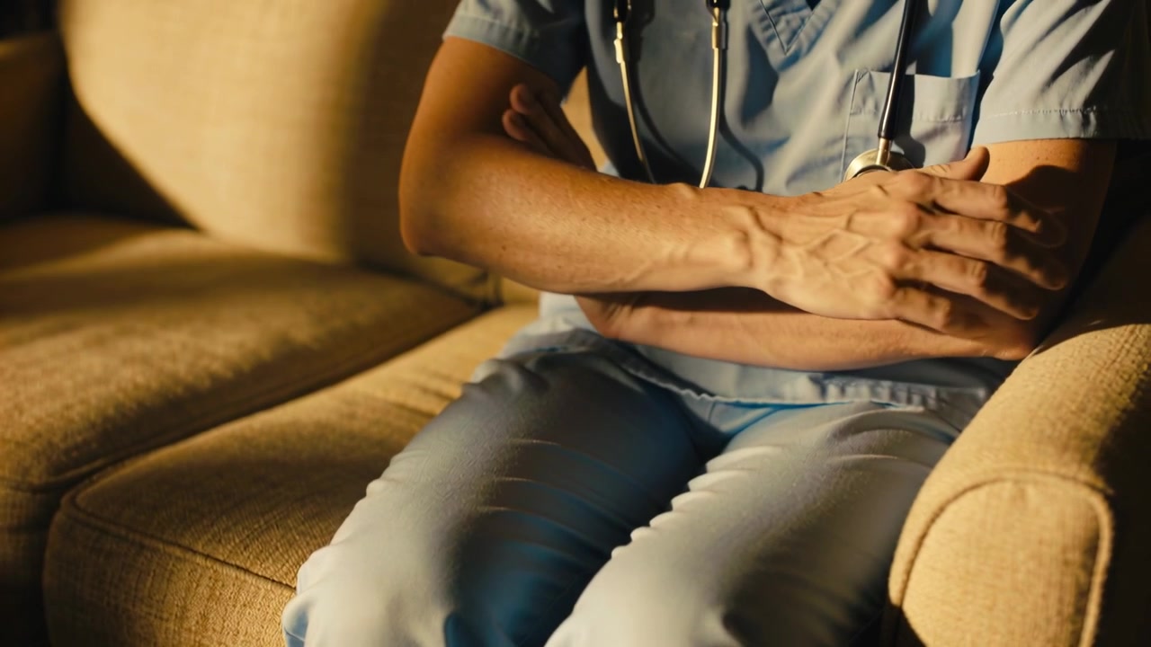 Infermiera che massaggia in divisa medica azzurra dopo il turno, si strofina l'avambraccio su un divano beige, stetoscopio