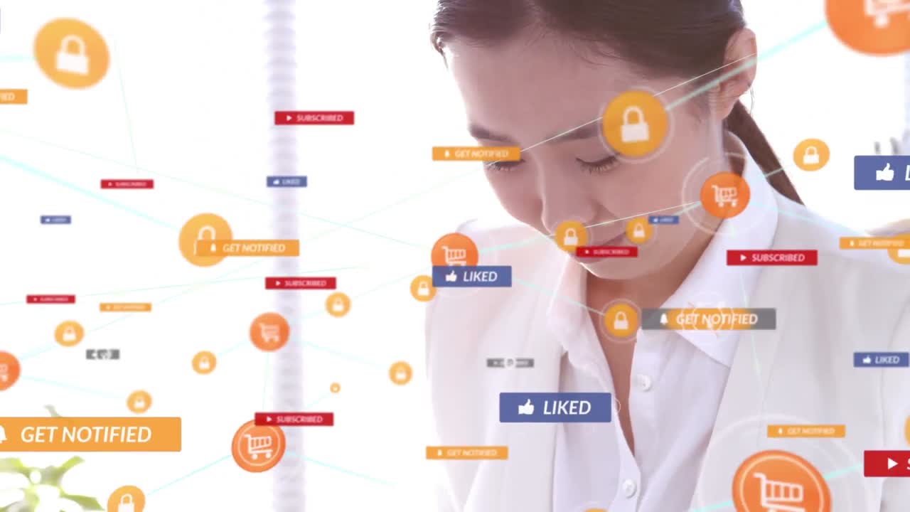 스마트폰을 사용하는 아시아 여성에 대한 아이콘으로 연결된 네트워크의 애니메이션.