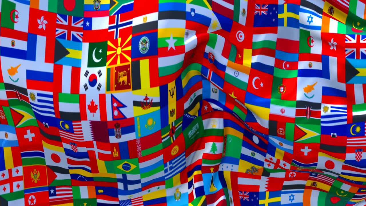 바람 속 느린 동작 애니메이션에서 여러 나라의 발이 흔들리는 단어 4k 현실적인 직물 질감 발은 바람이 불어오는 날에 부드럽게 날아갑니다.