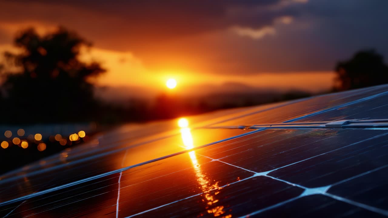 Riflesso drammatico del tramonto sui pannelli solari con colori del cielo vivaci e natura sullo sfondo, che evidenzia la transizione verso l'energia rinnovabile e la sostenibilità